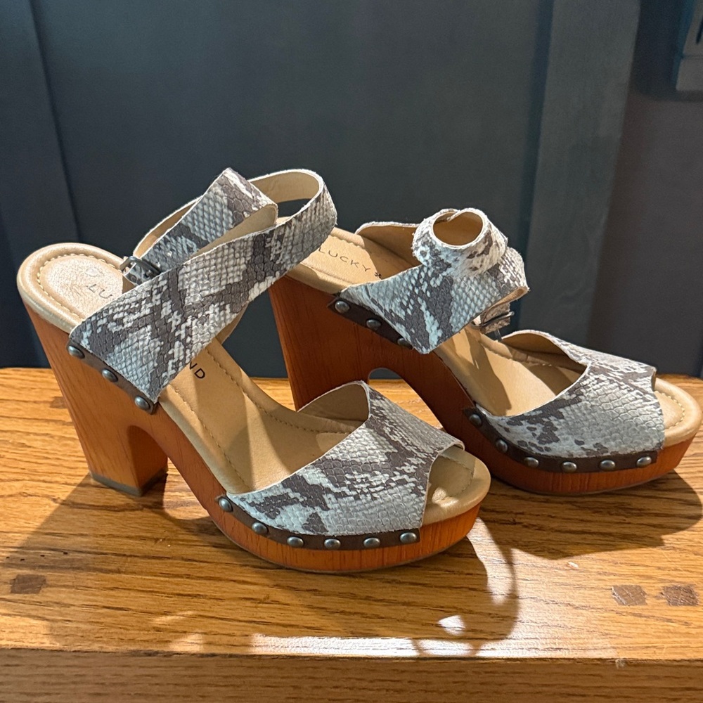 Lucky Brand Snake Print Mules with Wooden Heel
